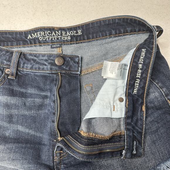 American Eagle Shorts 12 Vintage Hi Rise Festival Shortie Blue Denim Fringe Fray - Picture 8 of 9